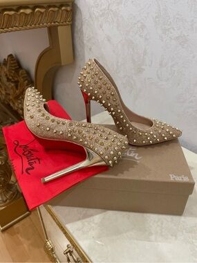 Authentic Christian Louboutin Gold Glitter Spike-Stud Pointed Pumps